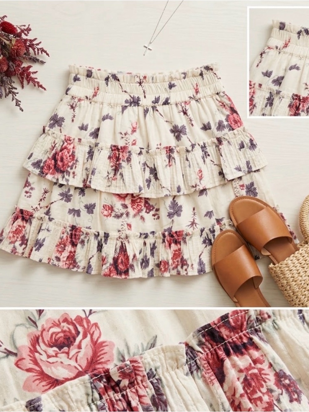 LoveShackFancy Floral Ruffle Tiered Mini Skirt Smocked Cottagecore Coquette S